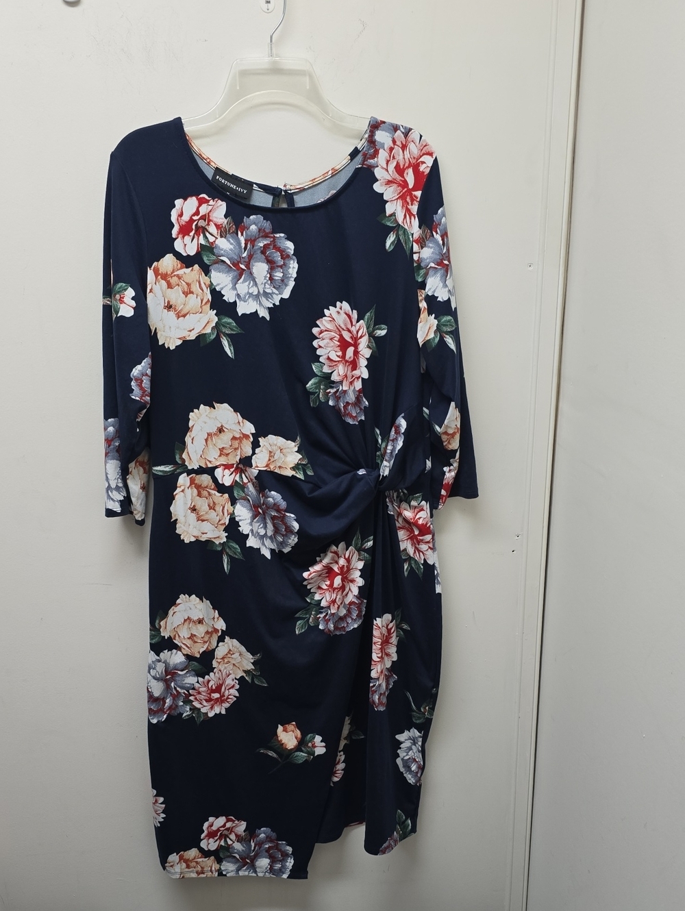 Fortune & Ivy Floral Twist-Front Navy Dress - Size 1X